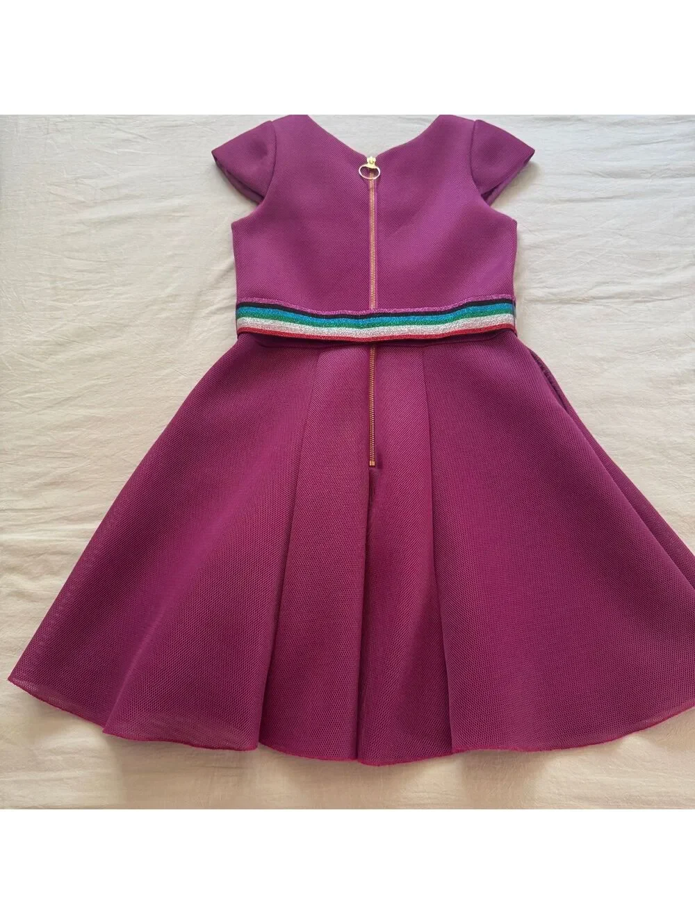 Zoe Ltd Kids Girls Purple Plum Fit Flare Scuba Mesh Party Dress Rainbow Belt NWT